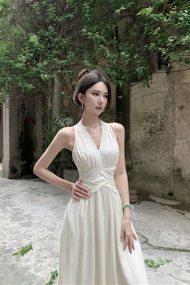 French V-Neck Halter Maxi Dress – Summer Elegant Slim Fit Vacation Style