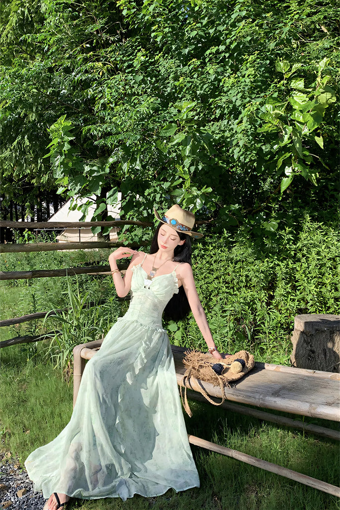 French Vacation Mint Green Floral Maxi Dress – Ruffled Waist Slimming Summer Sundress