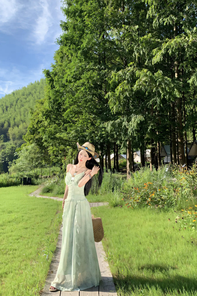 French Vacation Mint Green Floral Maxi Dress – Ruffled Waist Slimming Summer Sundress