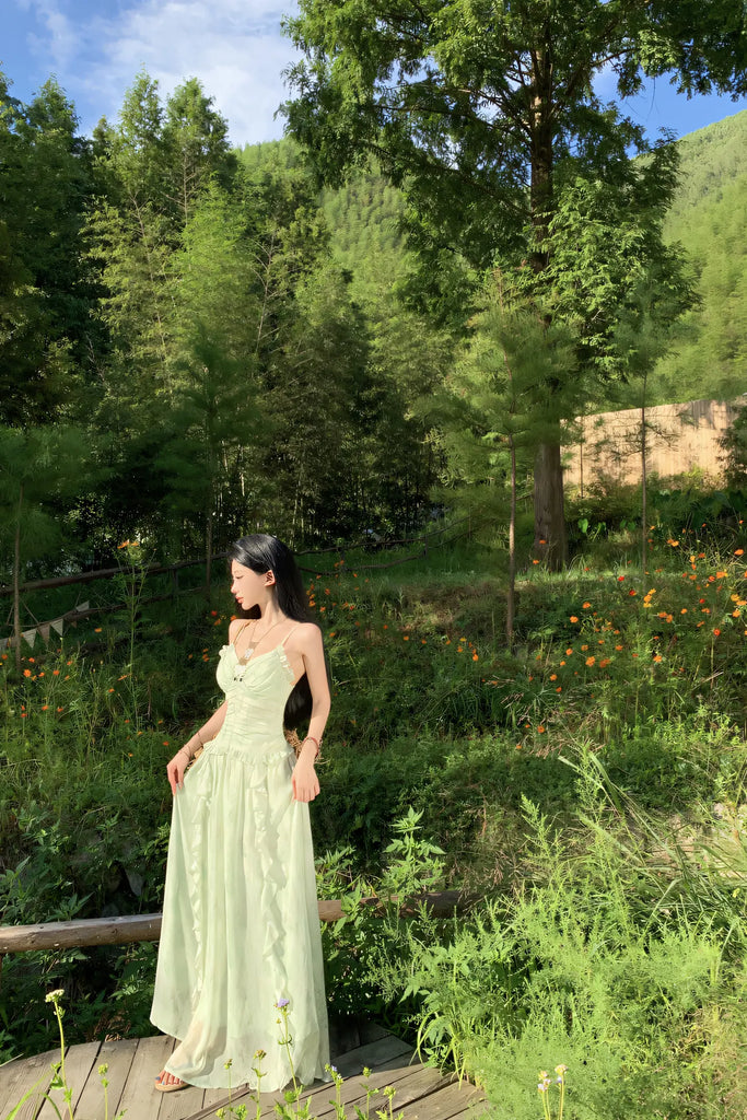 French Vacation Mint Green Floral Maxi Dress – Ruffled Waist Slimming Summer Sundress