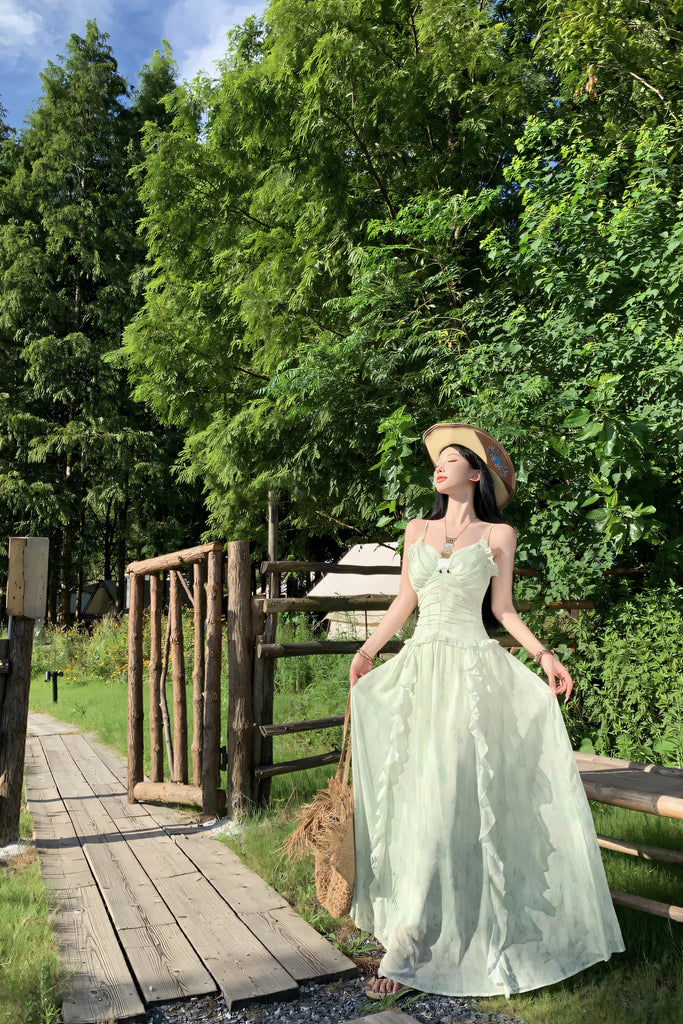 French Vacation Mint Green Floral Maxi Dress – Ruffled Waist Slimming Summer Sundress