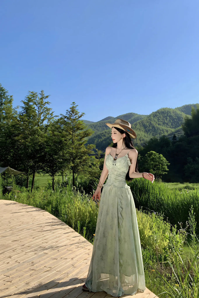 French Vacation Mint Green Floral Maxi Dress – Ruffled Waist Slimming Summer Sundress