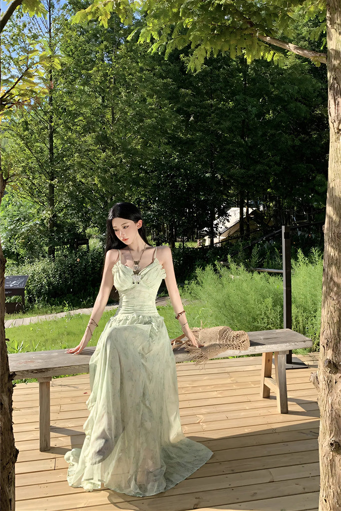 French Vacation Mint Green Floral Maxi Dress – Ruffled Waist Slimming Summer Sundress