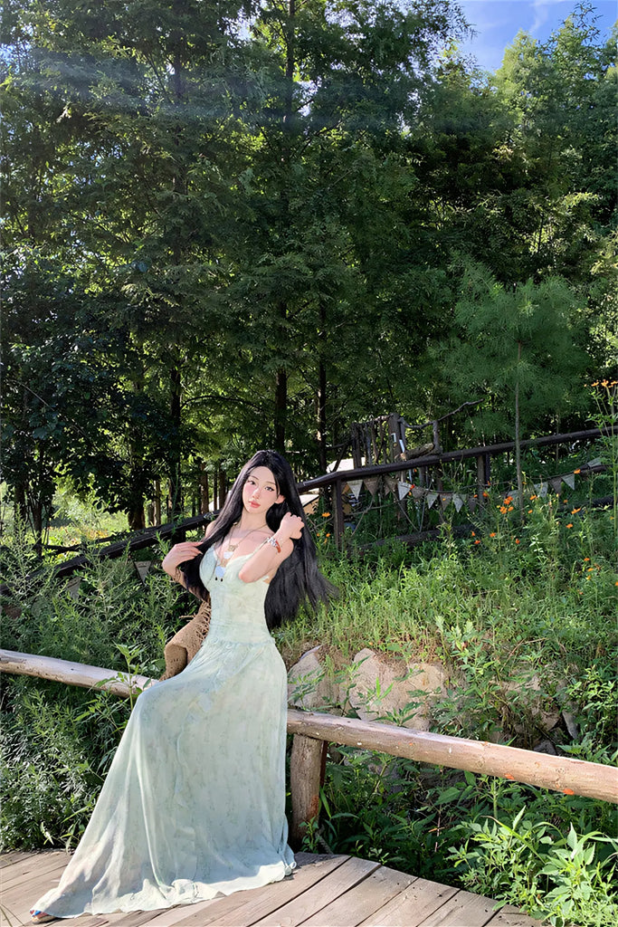 French Vacation Mint Green Floral Maxi Dress – Ruffled Waist Slimming Summer Sundress