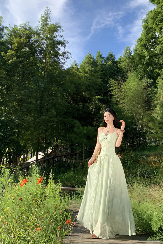 French Vacation Mint Green Floral Maxi Dress – Ruffled Waist Slimming Summer Sundress