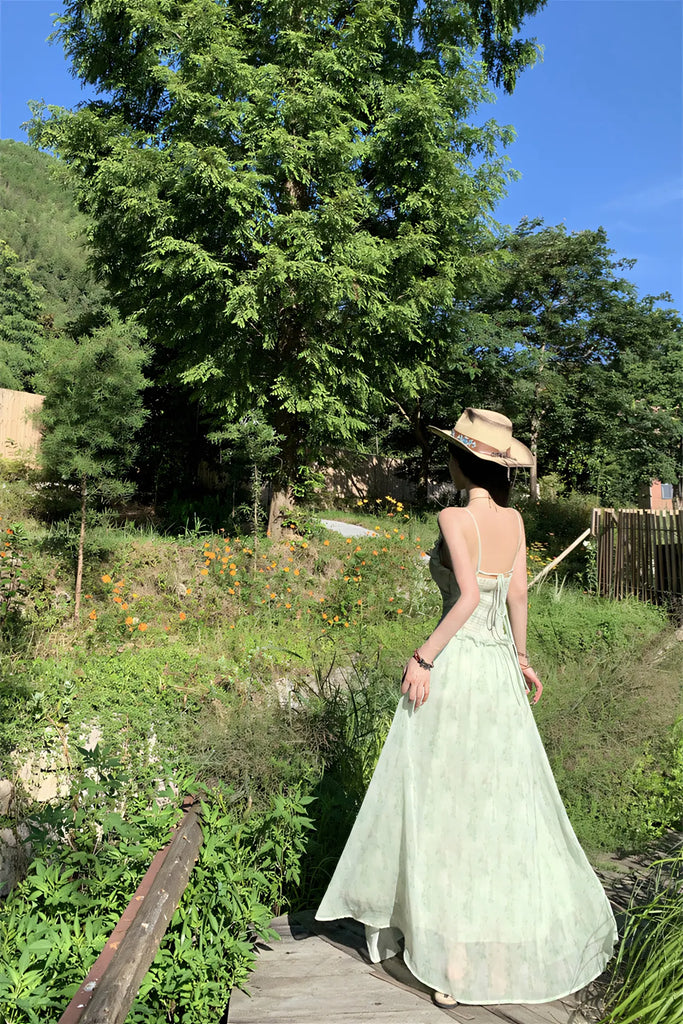 French Vacation Mint Green Floral Maxi Dress – Ruffled Waist Slimming Summer Sundress