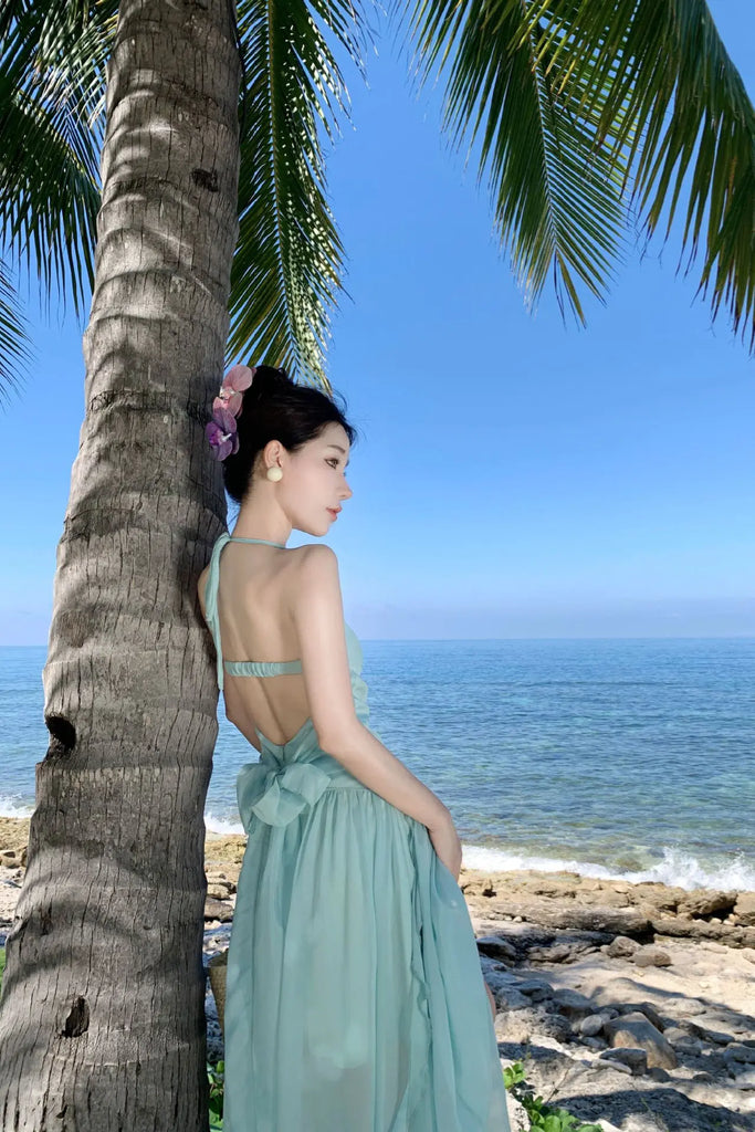Mint Green Halter Backless Maxi Dress – Elegant Bow-Tie Vacation Beach Dress