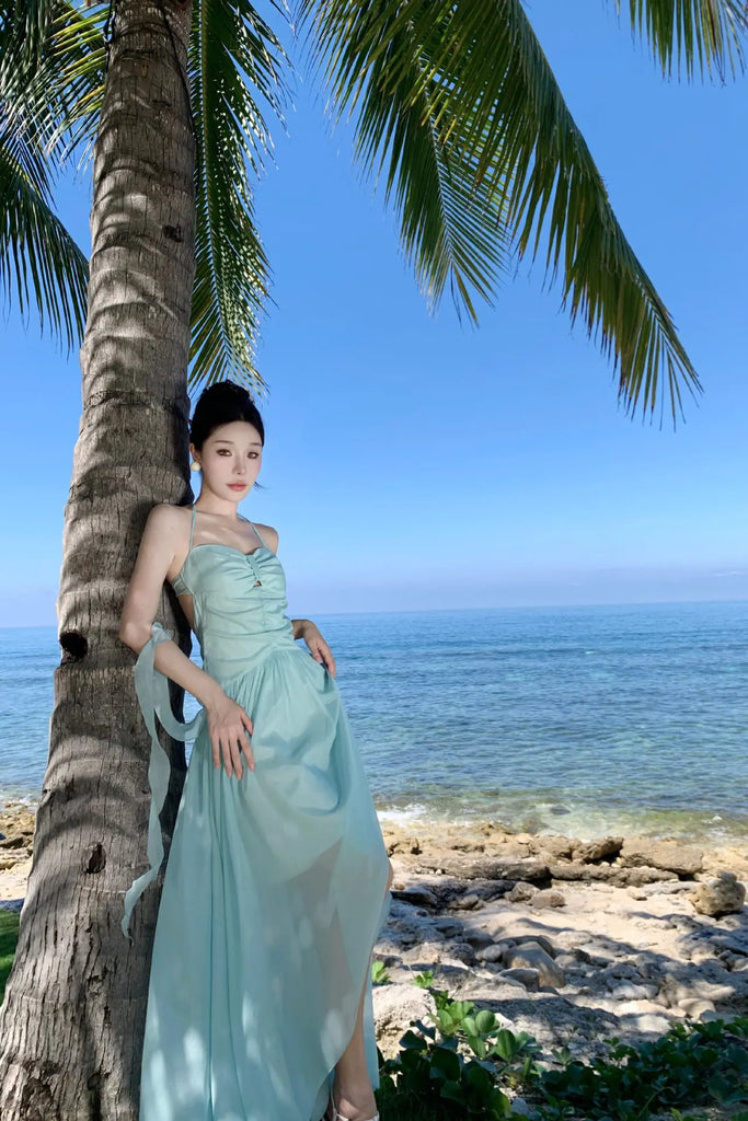 Mint Green Halter Backless Maxi Dress – Elegant Bow-Tie Vacation Beach Dress