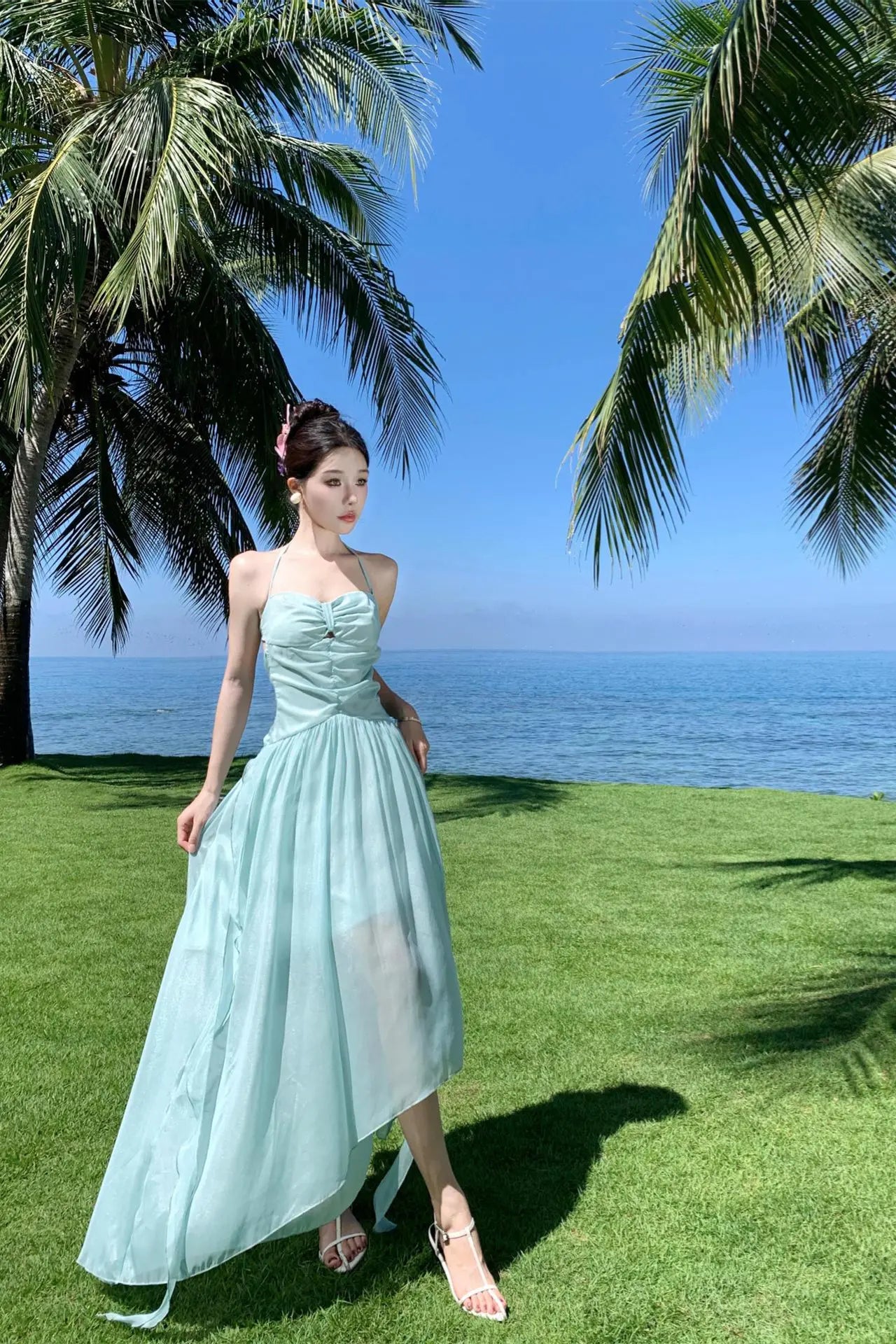 Mint Green Halter Backless Maxi Dress – Elegant Bow-Tie Vacation Beach Dress