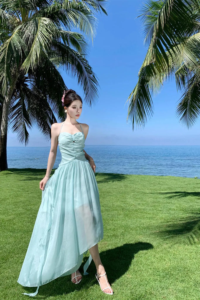 Mint Green Halter Backless Maxi Dress – Elegant Bow-Tie Vacation Beach Dress