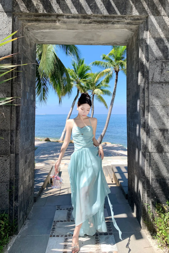 Mint Green Halter Backless Maxi Dress – Elegant Bow-Tie Vacation Beach Dress