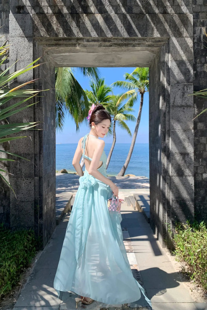 Mint Green Halter Backless Maxi Dress – Elegant Bow-Tie Vacation Beach Dress