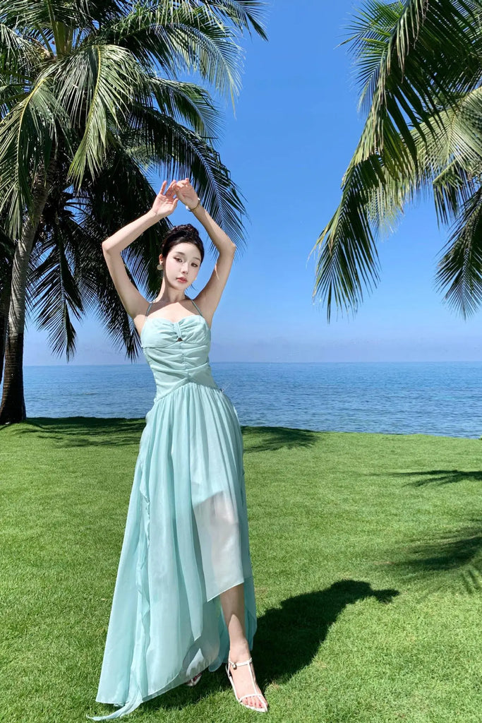 Mint Green Halter Backless Maxi Dress – Elegant Bow-Tie Vacation Beach Dress