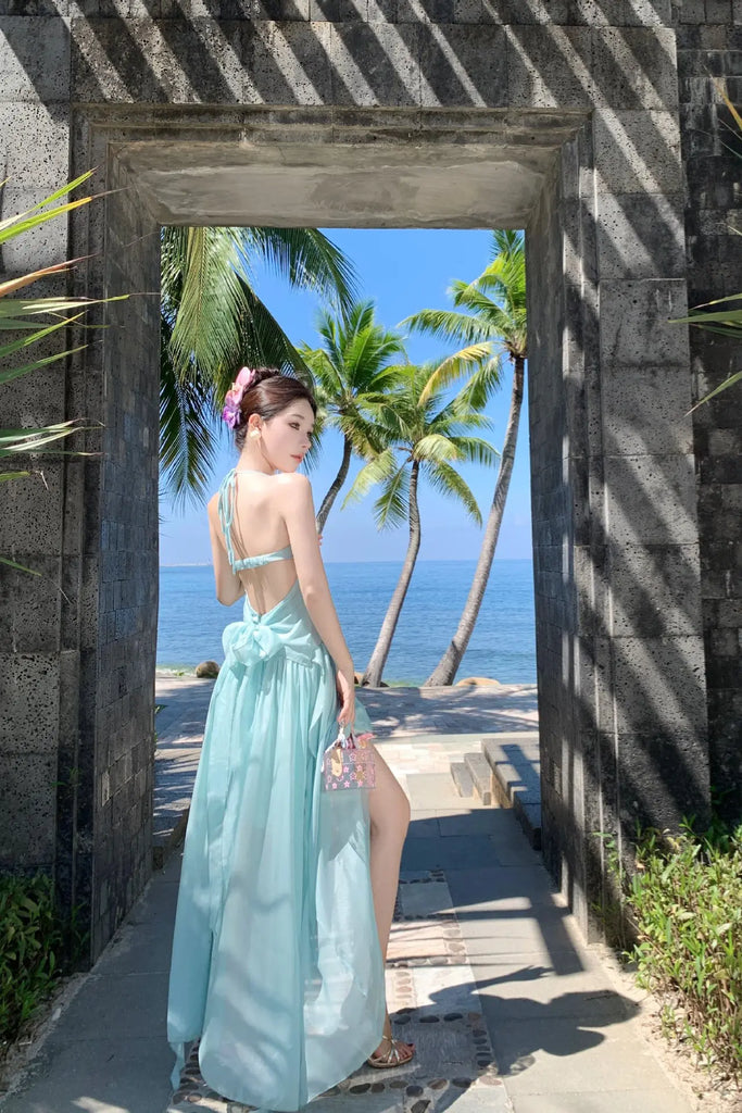 Mint Green Halter Backless Maxi Dress – Elegant Bow-Tie Vacation Beach Dress