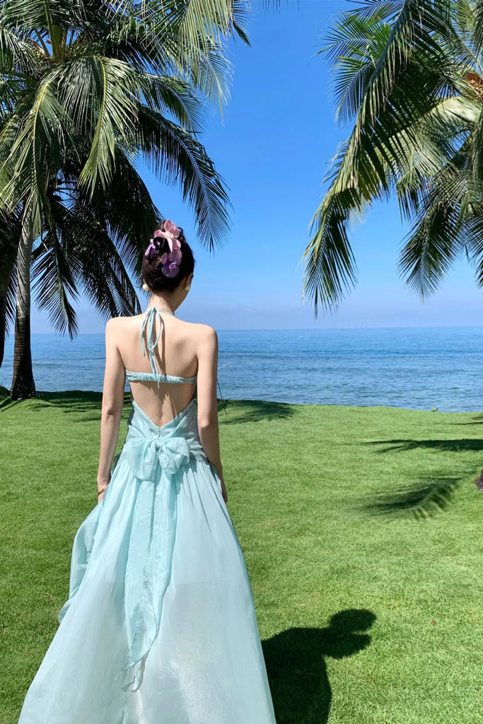 Mint Green Halter Backless Maxi Dress – Elegant Bow-Tie Vacation Beach Dress