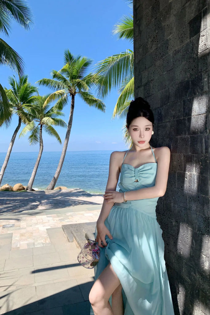Mint Green Halter Backless Maxi Dress – Elegant Bow-Tie Vacation Beach Dress