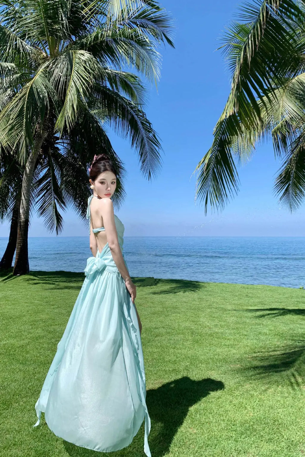 Mint Green Halter Backless Maxi Dress – Elegant Bow-Tie Vacation Beach Dress