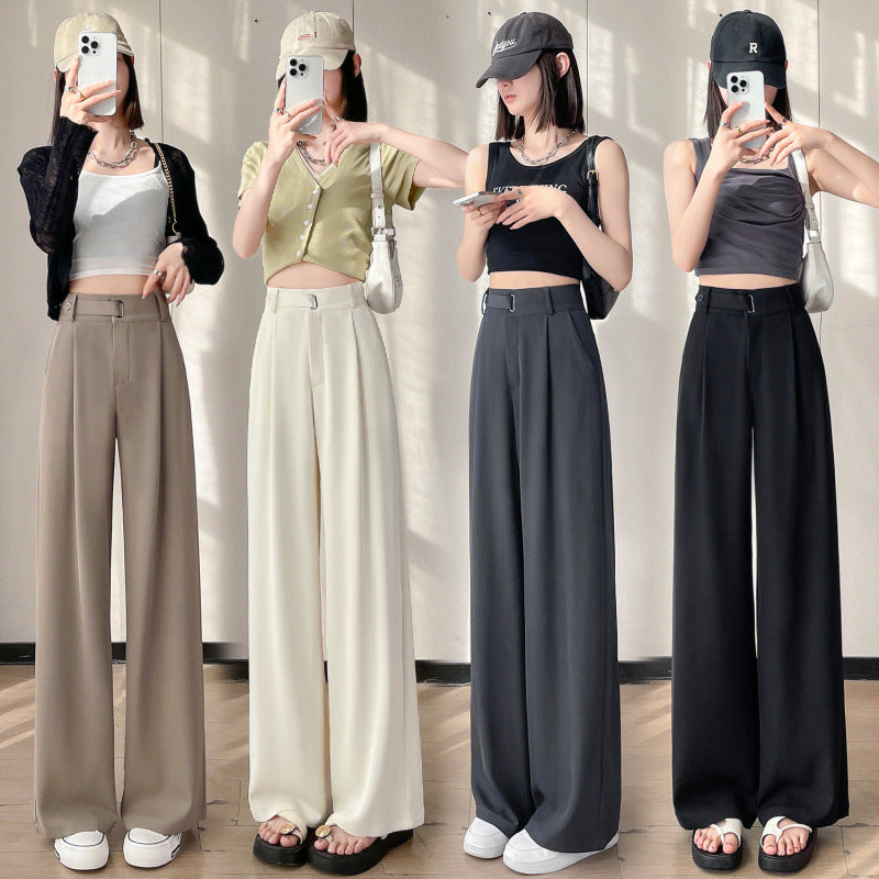 Women’s Draped Suit Trousers – Lightweight Ice-Silk Straight-Leg Pants