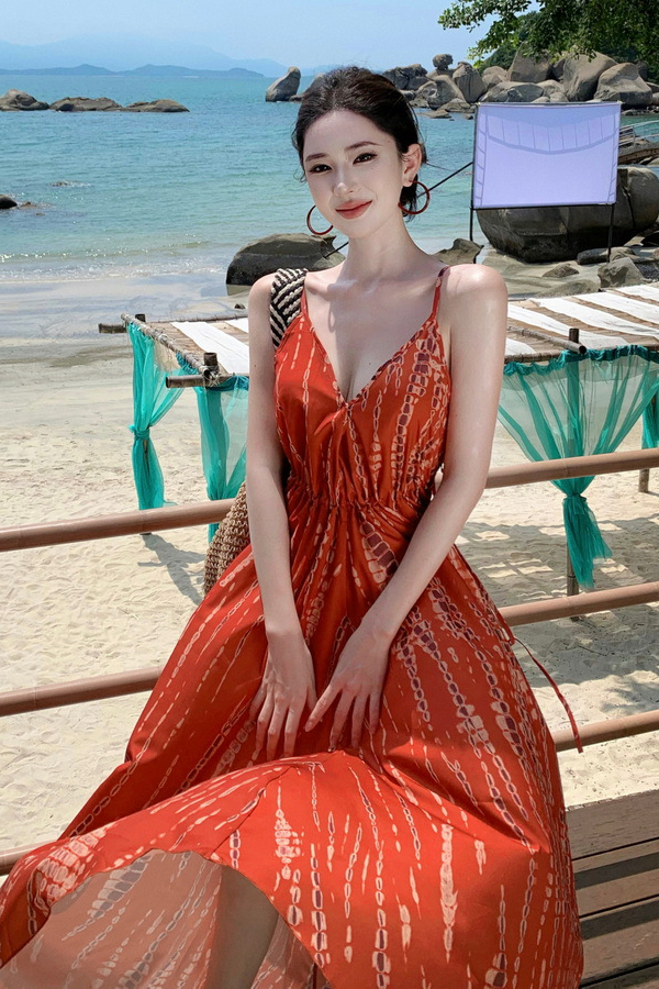 Orange Tie-Dye Halter Backless Maxi Dress – Vintage Vacation Beach Sundress