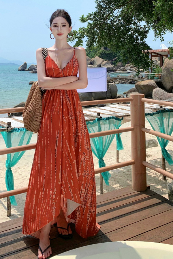 Orange Tie-Dye Halter Backless Maxi Dress – Vintage Vacation Beach Sundress