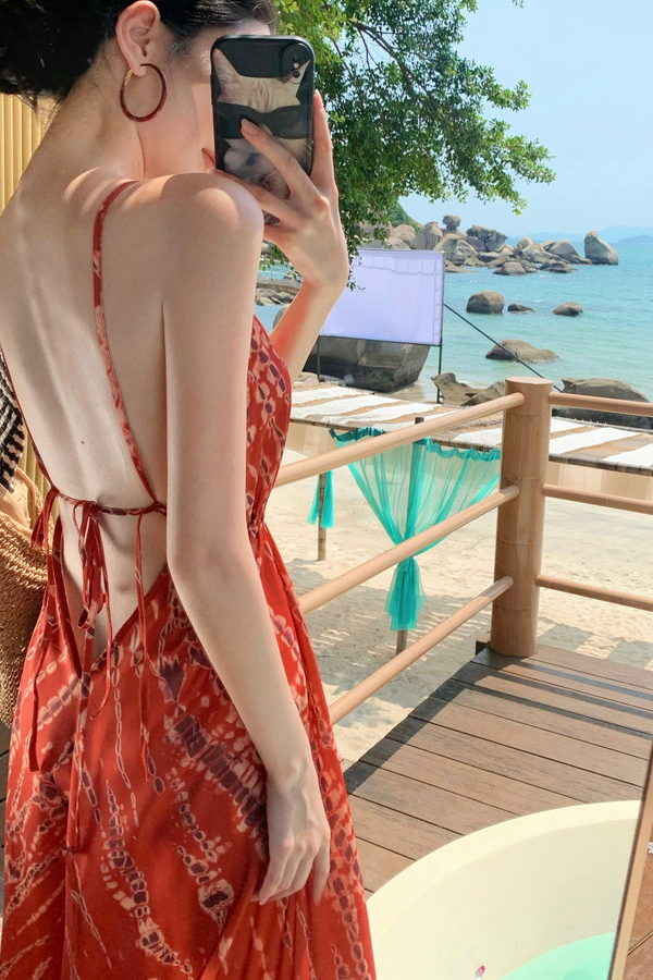 Orange Tie-Dye Halter Backless Maxi Dress – Vintage Vacation Beach Sundress