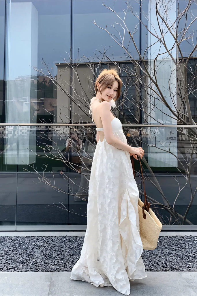 Resort Style Backless Halter Maxi Dress with Built-In Bra Pads