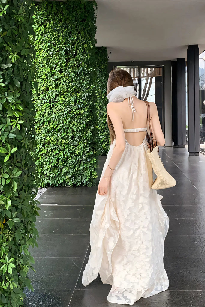 Resort Style Backless Halter Maxi Dress with Built-In Bra Pads