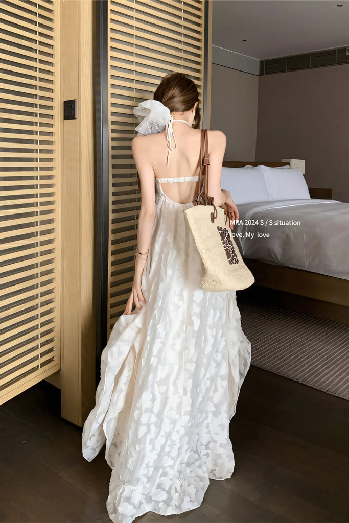Resort Style Backless Halter Maxi Dress with Built-In Bra Pads