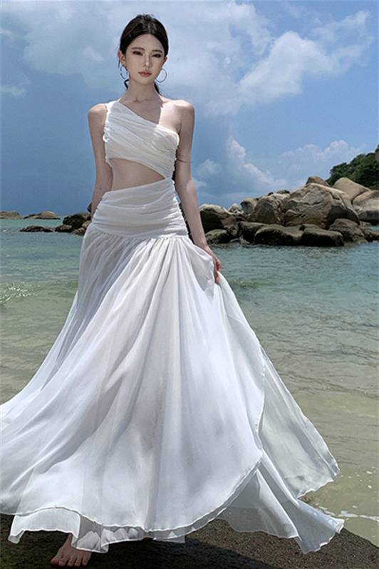 White One-Shoulder Cutout Maxi Dress – Elegant Vacation Gown with High-Waist Design