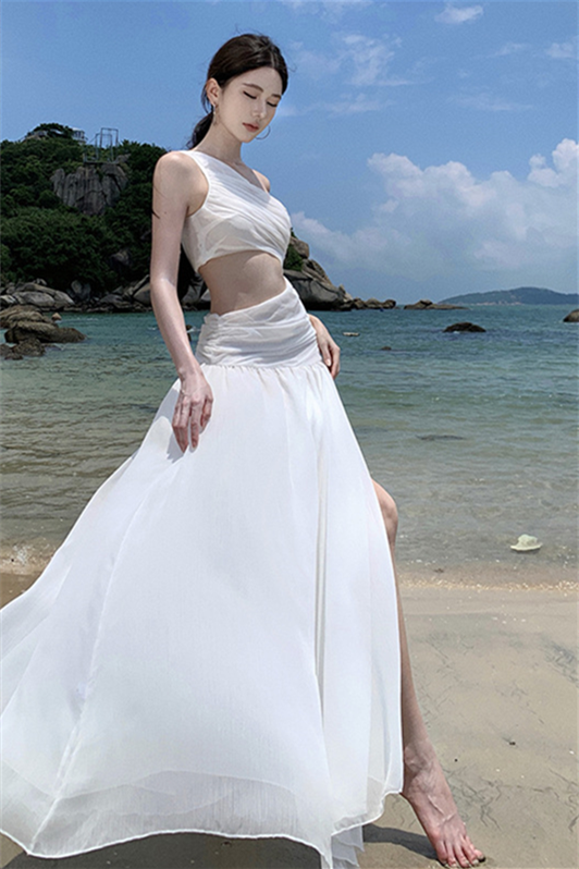White One-Shoulder Cutout Maxi Dress – Elegant Vacation Gown with High-Waist Design