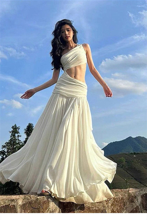 White One-Shoulder Cutout Maxi Dress – Elegant Vacation Gown with High-Waist Design