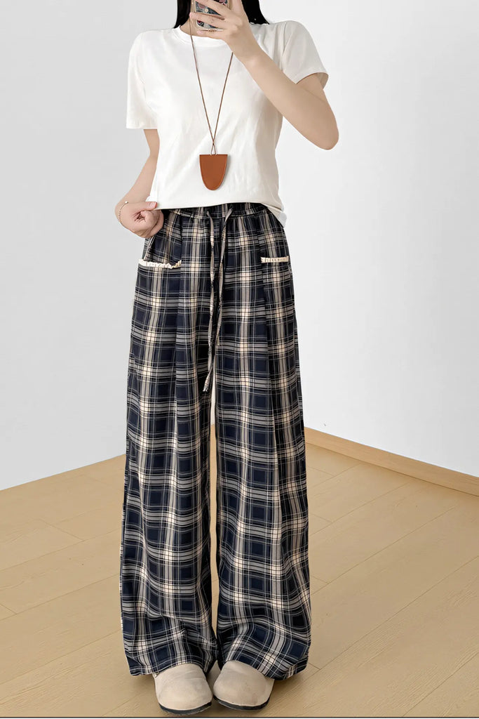 Women’s Navy Plaid Wide-Leg Pants – High-Waist Straight-Leg Trousers with Lace Trim (Autumn 2025)