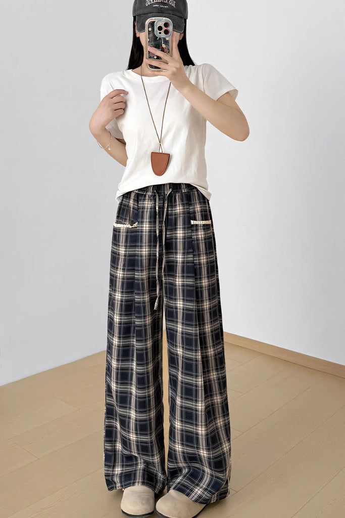 Women’s Navy Plaid Wide-Leg Pants – High-Waist Straight-Leg Trousers with Lace Trim (Autumn 2025)