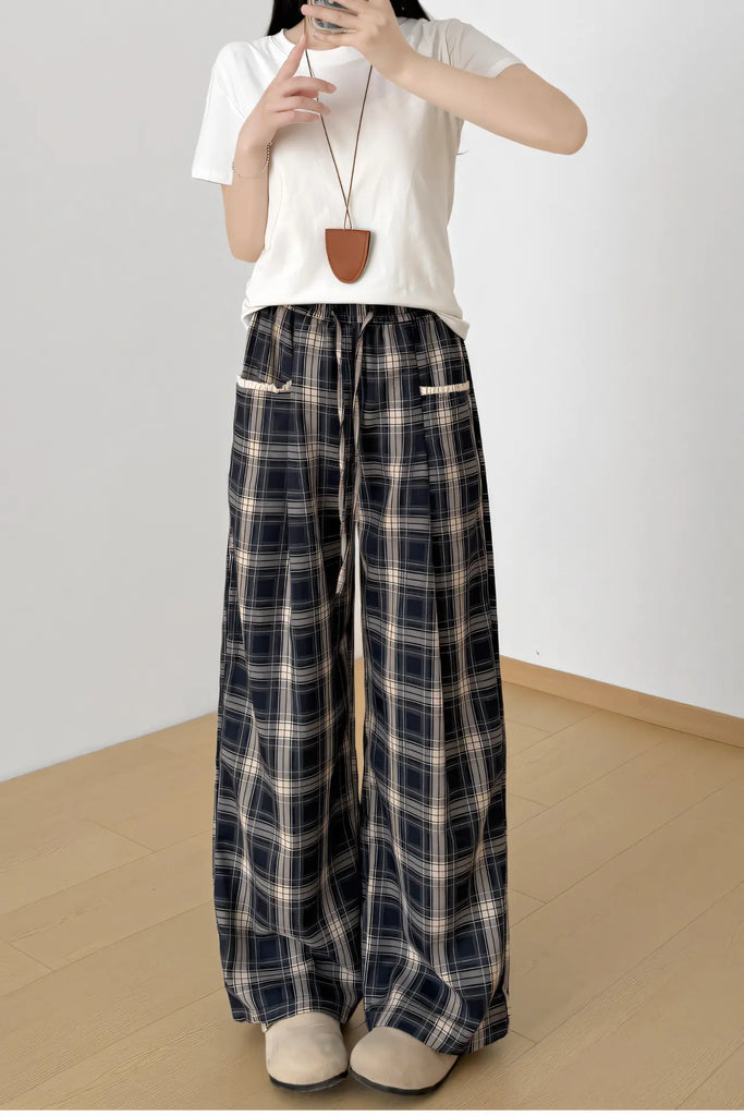 Women’s Navy Plaid Wide-Leg Pants – High-Waist Straight-Leg Trousers with Lace Trim (Autumn 2025)