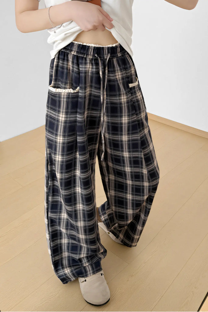 Women’s Navy Plaid Wide-Leg Pants – High-Waist Straight-Leg Trousers with Lace Trim (Autumn 2025)