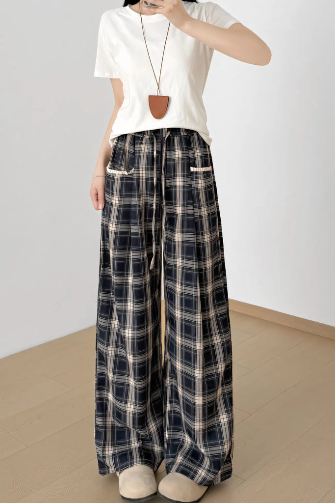 Women’s Navy Plaid Wide-Leg Pants – High-Waist Straight-Leg Trousers with Lace Trim (Autumn 2025)