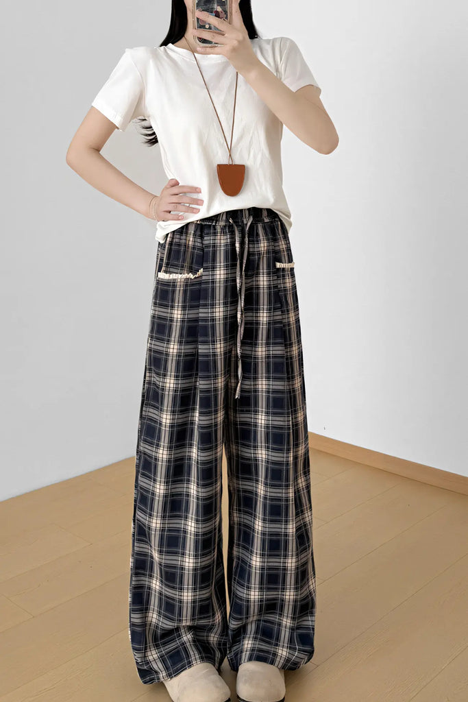 Women’s Navy Plaid Wide-Leg Pants – High-Waist Straight-Leg Trousers with Lace Trim (Autumn 2025)
