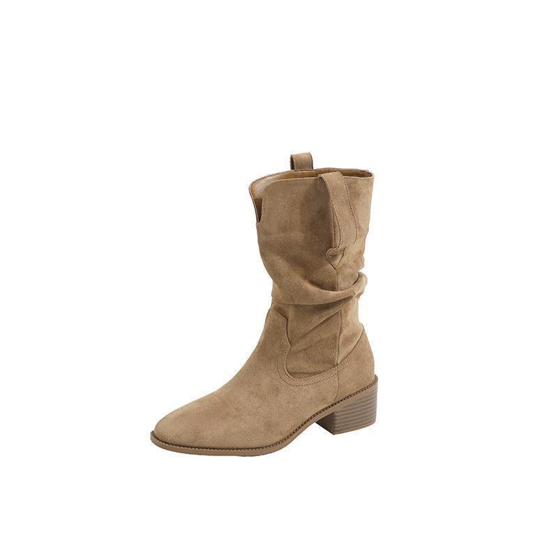 Women’s Pointed-Toe Slouch Western Boots – Retro V-Cut Mid-Calf