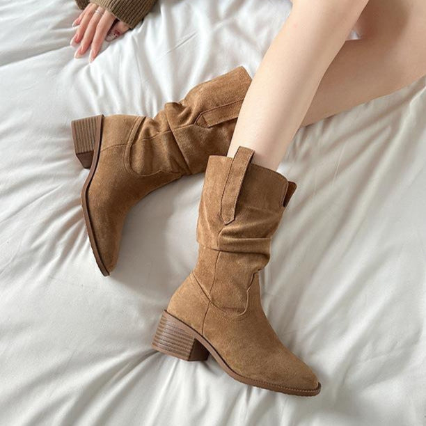 Women’s Pointed-Toe Slouch Western Boots – Retro V-Cut Mid-Calf