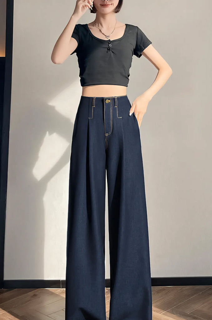 Women’s Tencel Denim Wide-Leg Jeans – High-Waist Straight-Leg Vintage Pants