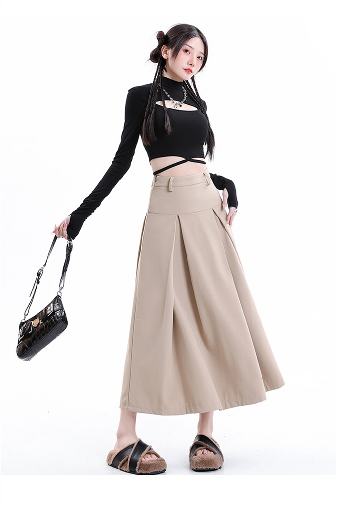 Women’s Black Pleated Skirt – High-Waist A-Line Midi Skirt 2025 SpringSummer
