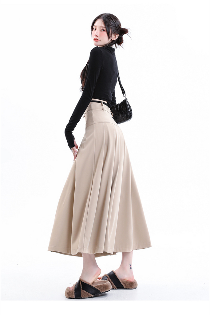Women’s Black Pleated Skirt – High-Waist A-Line Midi Skirt 2025 SpringSummer