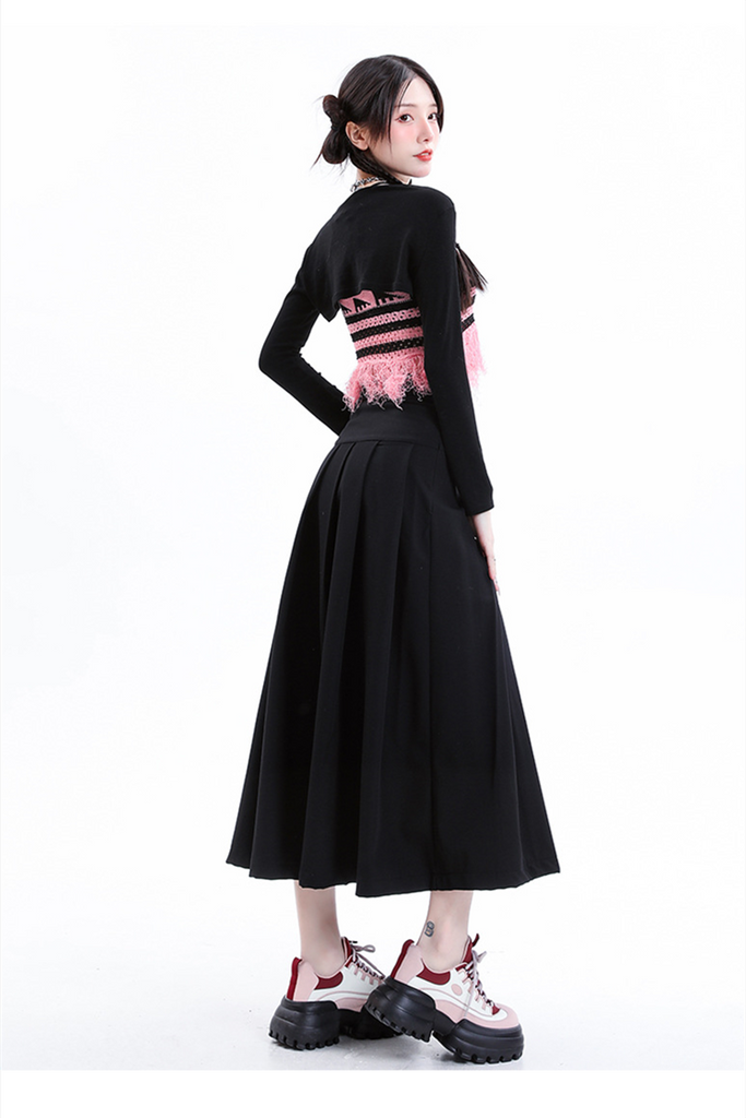 Women’s Black Pleated Skirt – High-Waist A-Line Midi Skirt 2025 SpringSummer