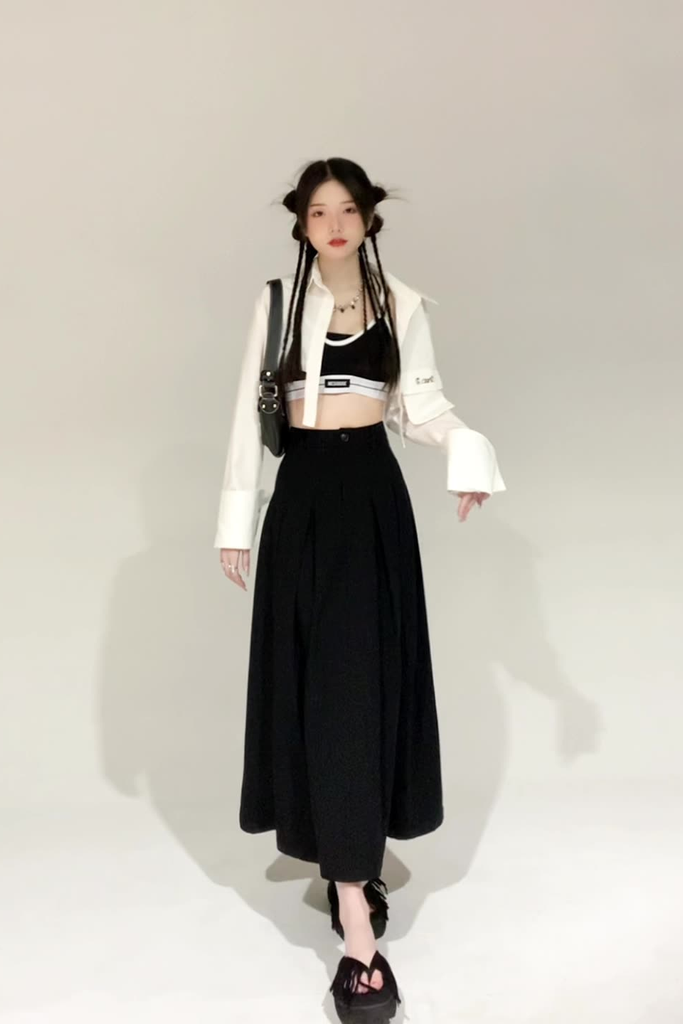 Women’s Black Pleated Skirt – High-Waist A-Line Midi Skirt 2025 SpringSummer