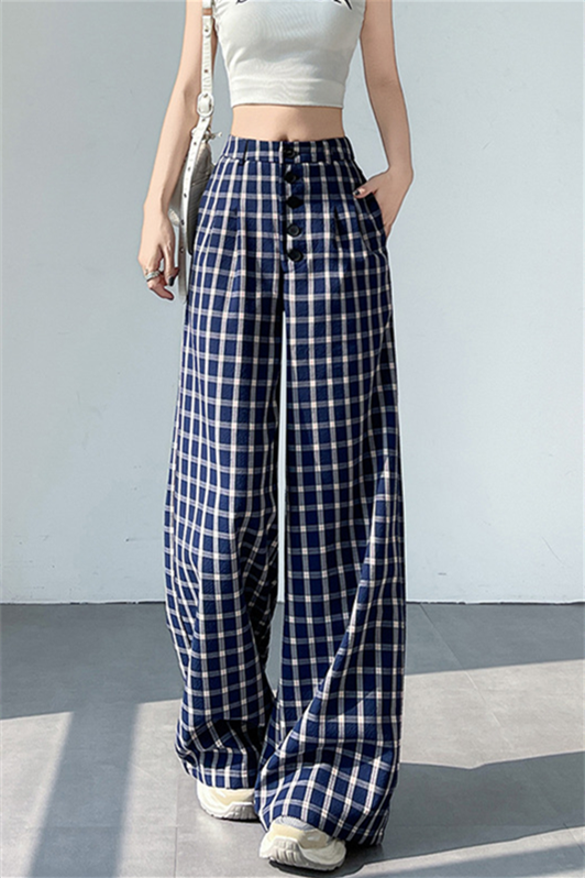 Women’s Blue Plaid Wide-Leg Pants – High-Waist Loose Straight-Leg Trousers