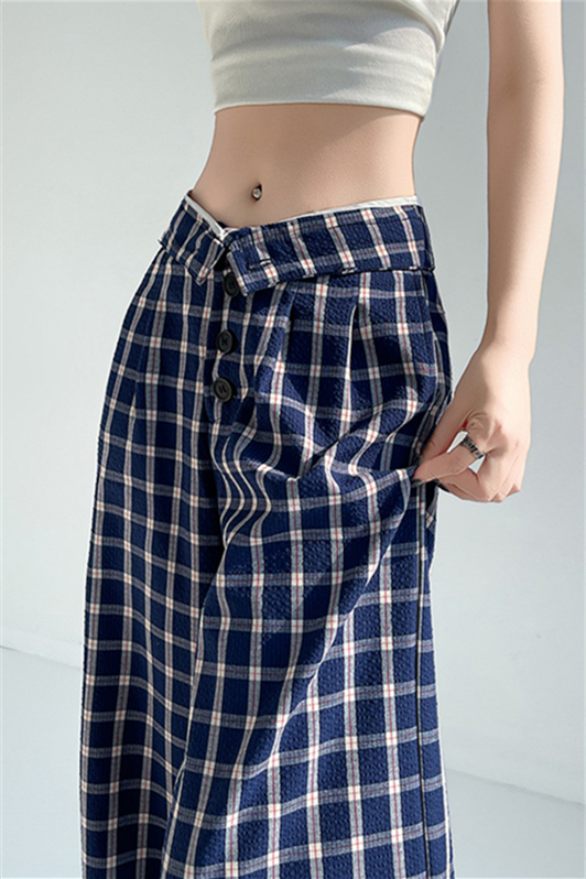 Women’s Blue Plaid Wide-Leg Pants – High-Waist Loose Straight-Leg Trousers