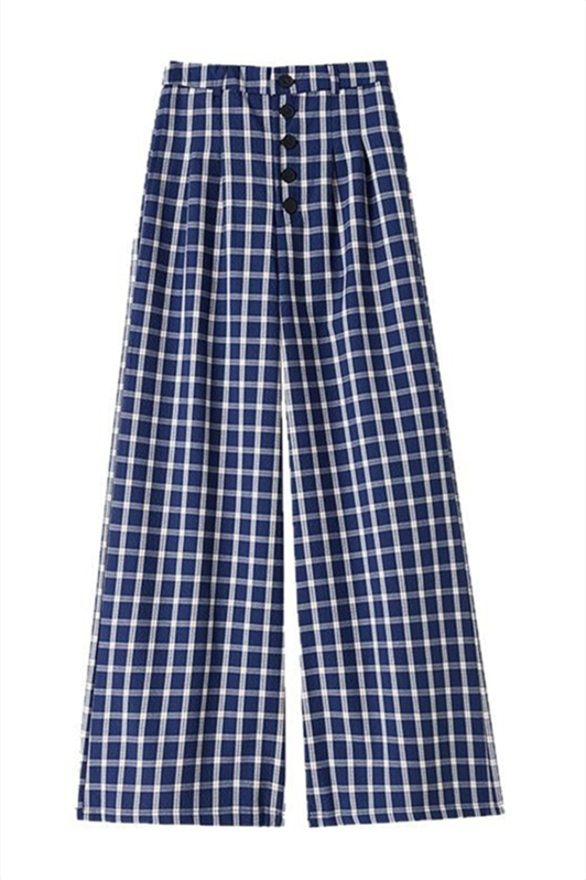 Women’s Blue Plaid Wide-Leg Pants – High-Waist Loose Straight-Leg Trousers