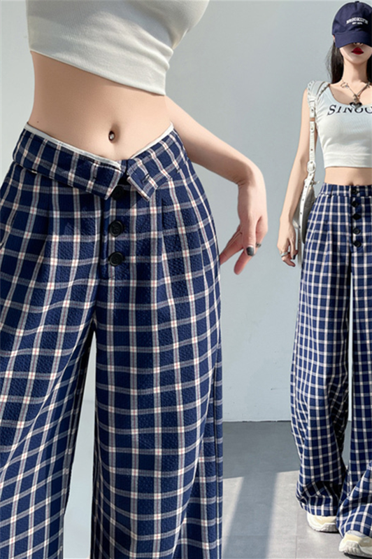Women’s Blue Plaid Wide-Leg Pants – High-Waist Loose Straight-Leg Trousers
