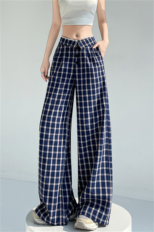 Women’s Blue Plaid Wide-Leg Pants – High-Waist Loose Straight-Leg Trousers