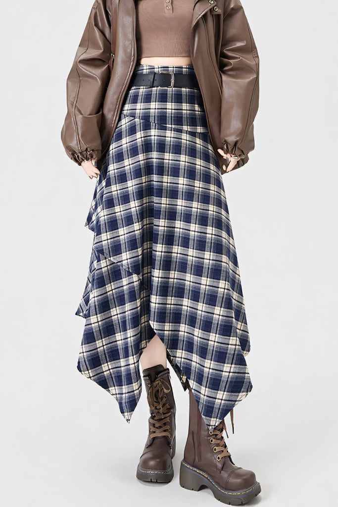 Women’s Coffee Brown & Black Plaid Midi Skirt – High-Waist Asymmetrical Hem Skirt (AutumnWinter 2025)